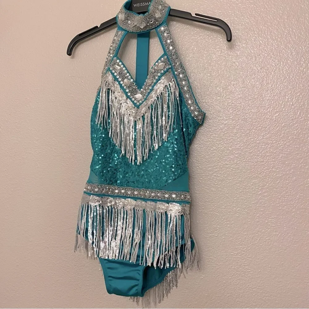 Glamour dance costume teal silver fringe contemporary Broadway embellished SA